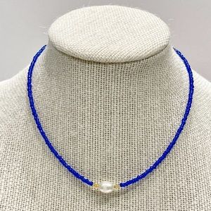 Natural fresh water Pearl & royal blue glass seed bead necklace
